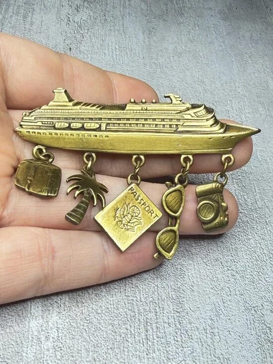 Cruise Ship Brooch Dangle Charms Vintage JJ Jonette Pin