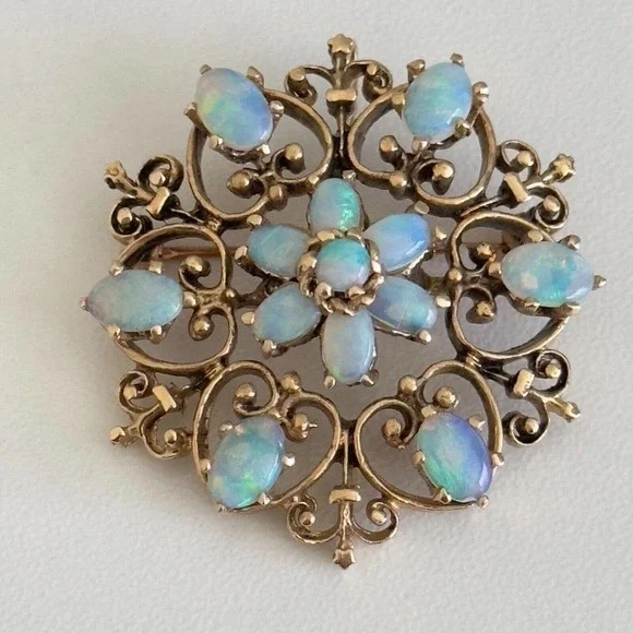 Vintage 14K Yellow Gold Opal Flower Heart Filigree Scroll Pendant Brooch Pin