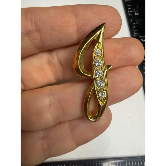 Avon Gold Tone Rhinestone Initial Letter J Brooch Monogram Pin