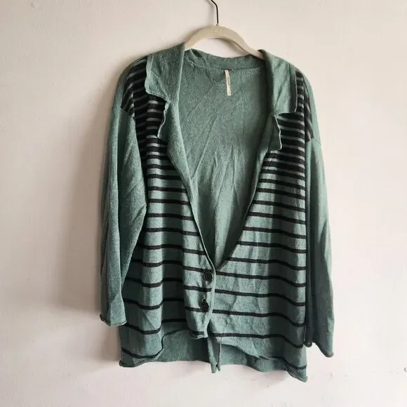 Free People Linen Blend Green Black striped two button cardigan sweater Size L