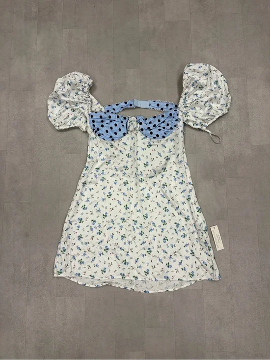 Free People For Love & Lemons Blue Floral Puff-Sleeve Dress w/ Polka Dot Bow