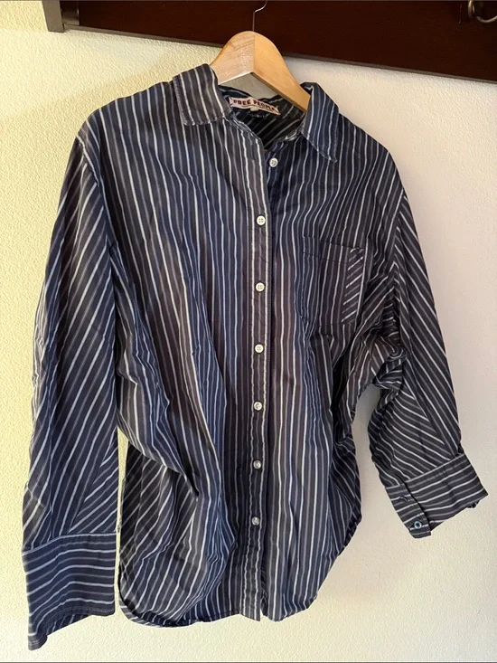 Free People Navy Striped Button-Down Shirt, Oversized, Dolman Sleeve Relaxed Fit