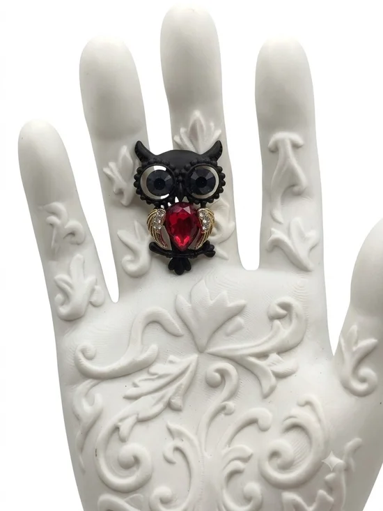 Black Owl Brooch with Red Gemstone Accent