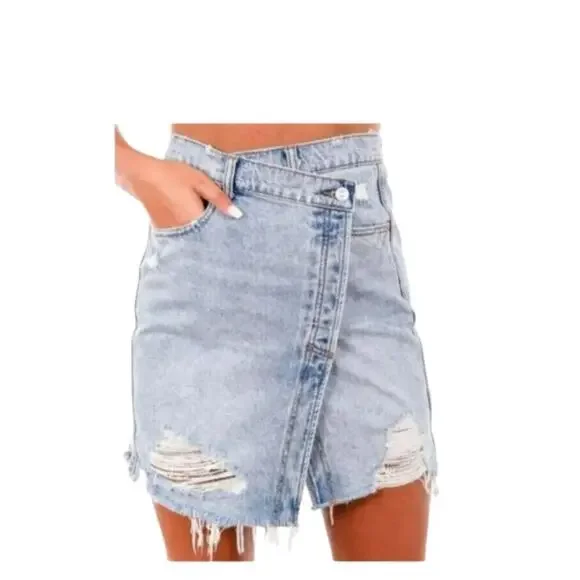 Free People Parker Asymmetrical Criss Cross Demin Wrap Skirt 28