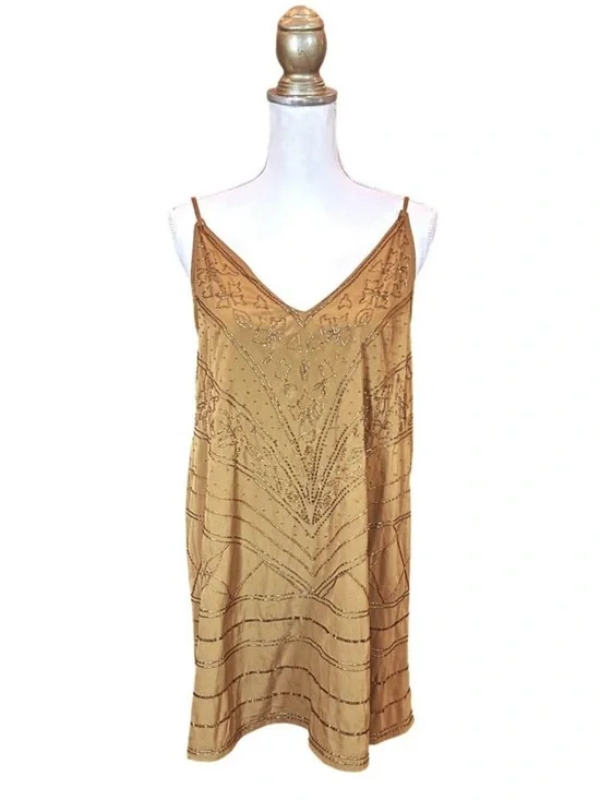 Free People Beaded Slip Dress - Antique Gold - XS