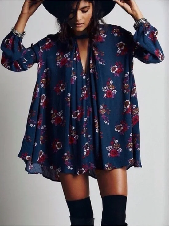 Free People Anouk Boho Floral swing dress, Navy Women’s Tunic Top, sz S, guc