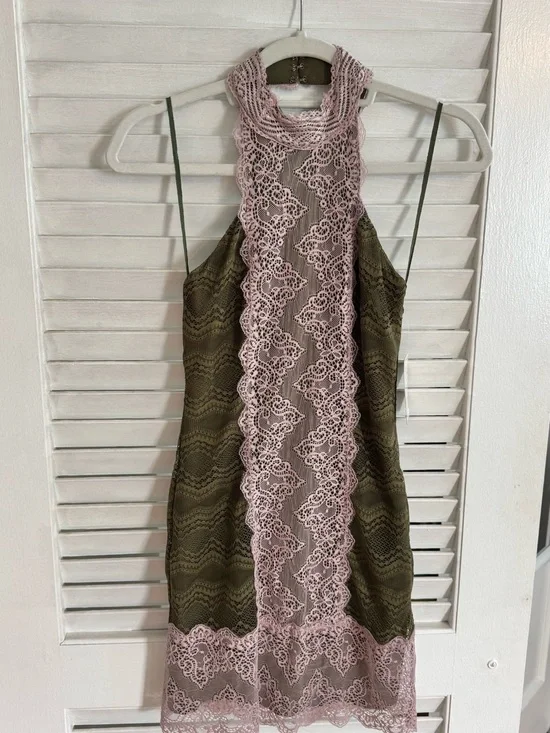 Free People Olive Slip Dress with Dusty Pink Lace Panel