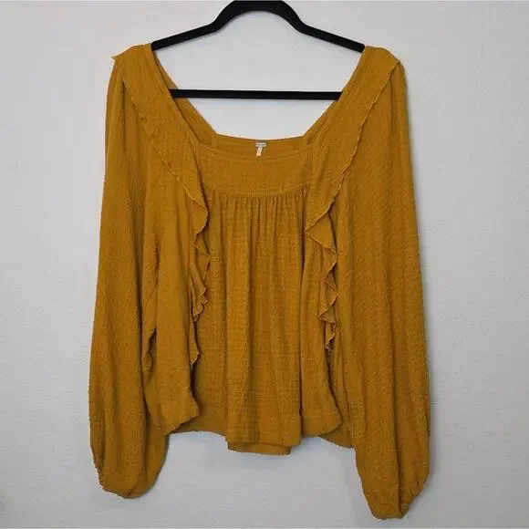 FREE PEOPLE Bonnie Ruffle Long Sleeve Peasant Top In Marigold Relaxed Fall Sz XS