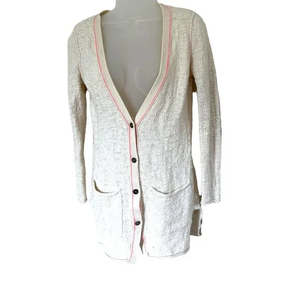 Free People Knit Long Line Cardigan Sweater White Button Down Size Small