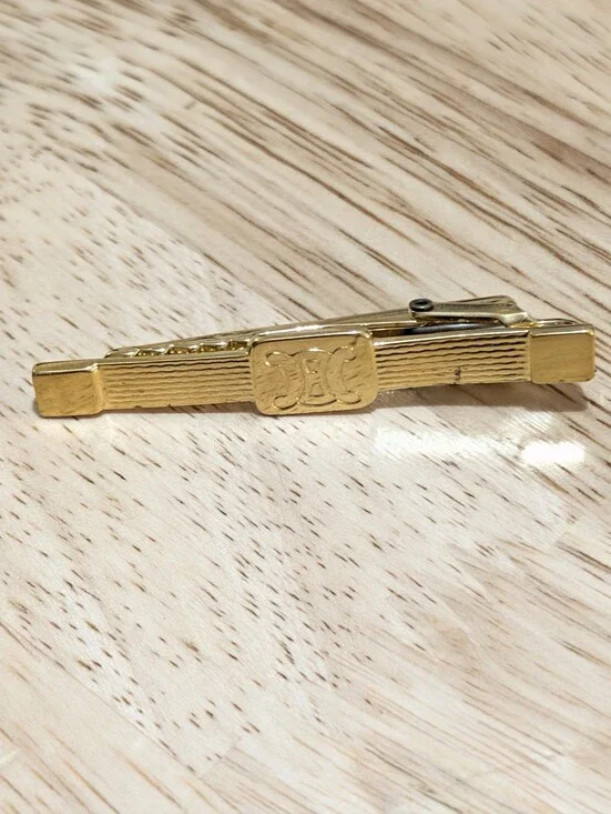 Vintage Celine Gold Tone Textured Tie Clip Triomphe Logo
