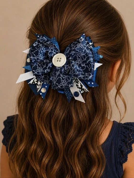 HANDMADE Blue Button Ribbon Coquette Hair Bow Clip