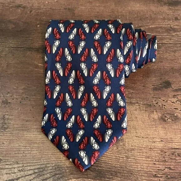 Bally Mens Silk Necktie USA Made Navy Blue Spectator Wingtip Shoe Novelty Print