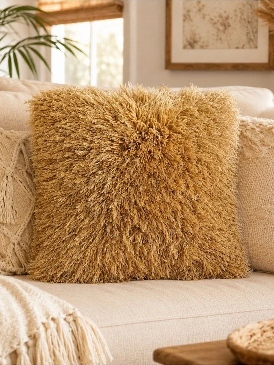 Throw Pillow Gold Fringe Shag Decorative 20