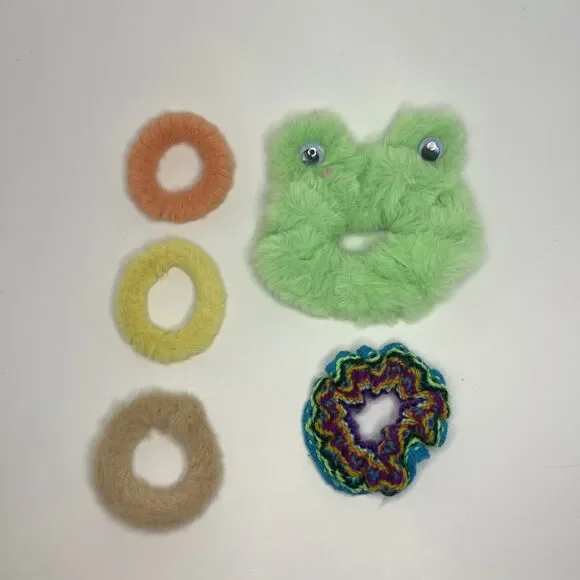Fabric Scrunchie Set of 5 Girls - FUZZY 3 SOLID COLOR / GREEN FROG / MULTI-COLOR