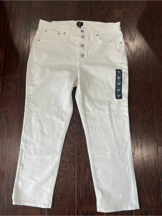 J.Crew Women Essential Straight Jeans 32 P White Button Fly Stretch NEW