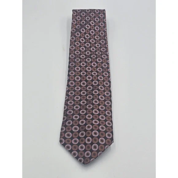 Hart Schaffner Marx Mens Silk Tie Brown Bronze Lavender Medallion Geometric USA