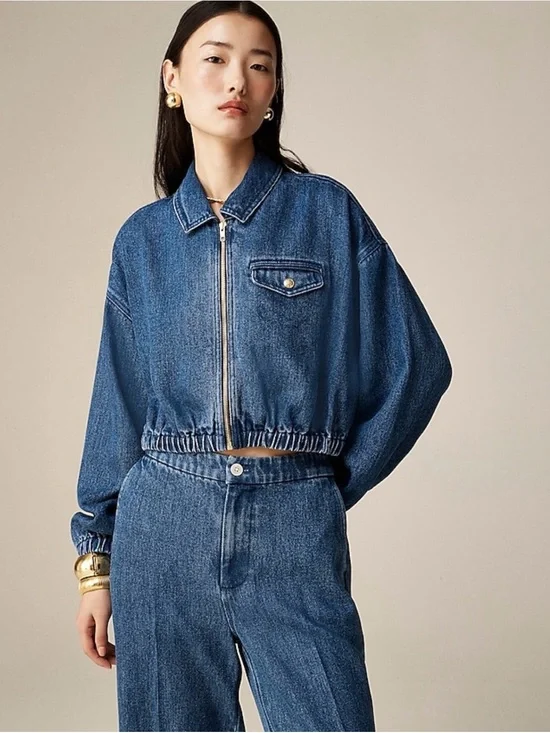 J. Crew Cropped Bomber Jacket in Drapey Denim Size L