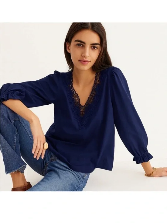 J Crew V-neck Top with Eyelet Trim in Dark Blue M Medium BL038 Lace Peasant Top