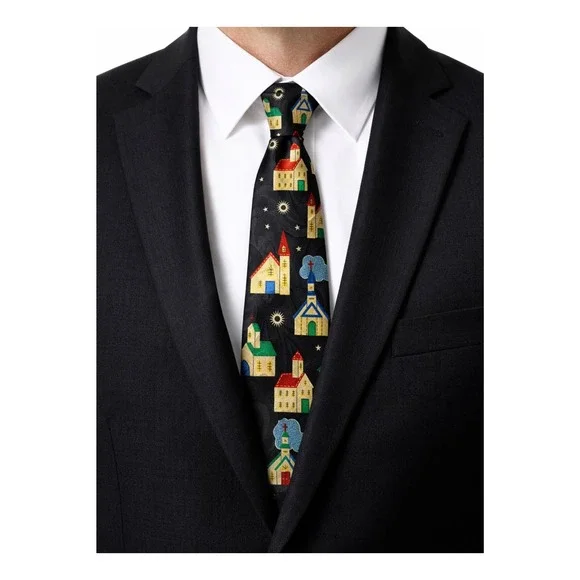 Vintage Novelty Church Necktie -‎ Folk Art Celestial Religious print