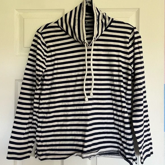 J Crew Funnelneck Navy and White Striped Sweatshirt