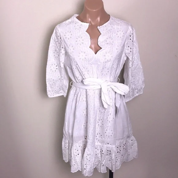 J. Crew Eyelet Ruffle Scalloped White Dress Tie