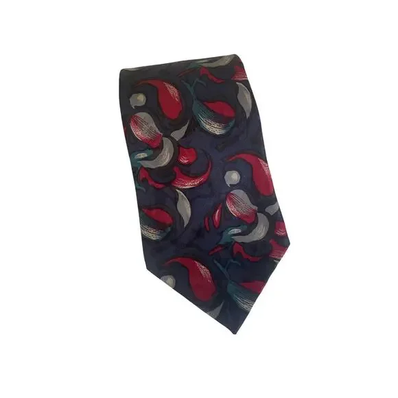 Vintage Geoffrey Beene Men’s 100% Silk Tie Navy Red Teal Abstract Print Necktie