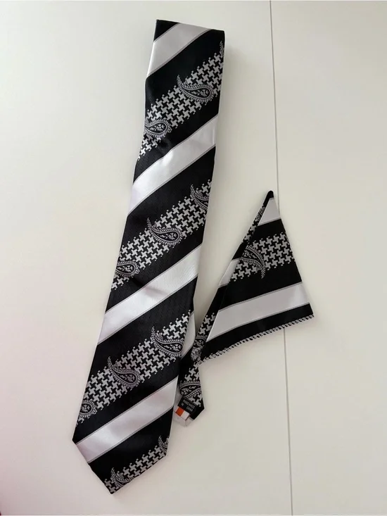 Henri Picard Men’s Black White Paisley Houndstooth Striped Tie & Pocket Square