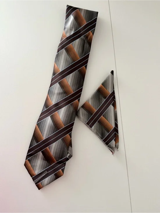 Karl Knox Men’s Tie & Pocket Square Set Brown Gray Orange Geometric Striped