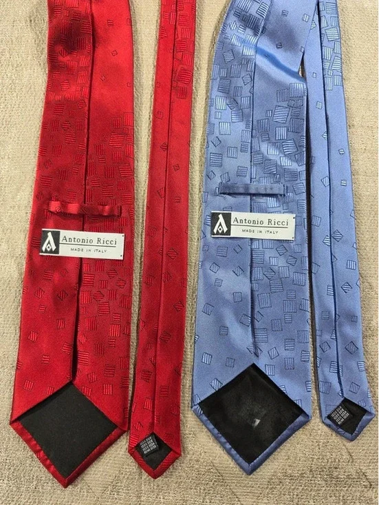 Lot of 2 Antonio Ricci Italy 100% Silk Ties • Red & Periwinkle Blue Geometric