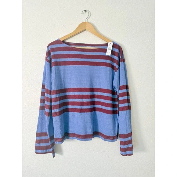 J.Crew Relaxed boatneck linen long-sleeve T-shirt in stripe Cool Lilac M NWT