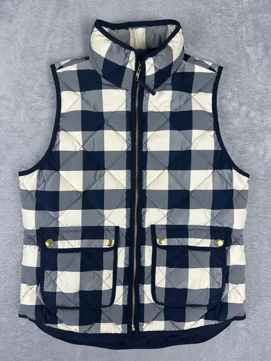 J Crew Excursion Quilted Down Puffer Vest Buffalo Plaid Navy Cream NWOT - S