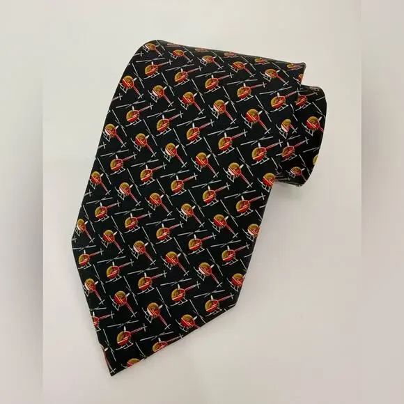 NWT Rivetz of Boston Helicopter Novelty Tie Black Red Aviation Pilot Silk Tie