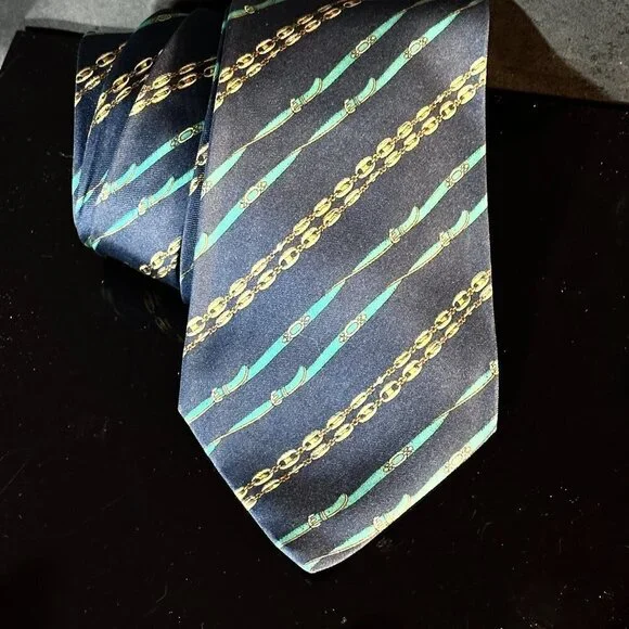 Gucci Logo Silk Tie Kelly Green Blue Striped Gold Link Chain Monogram Academia