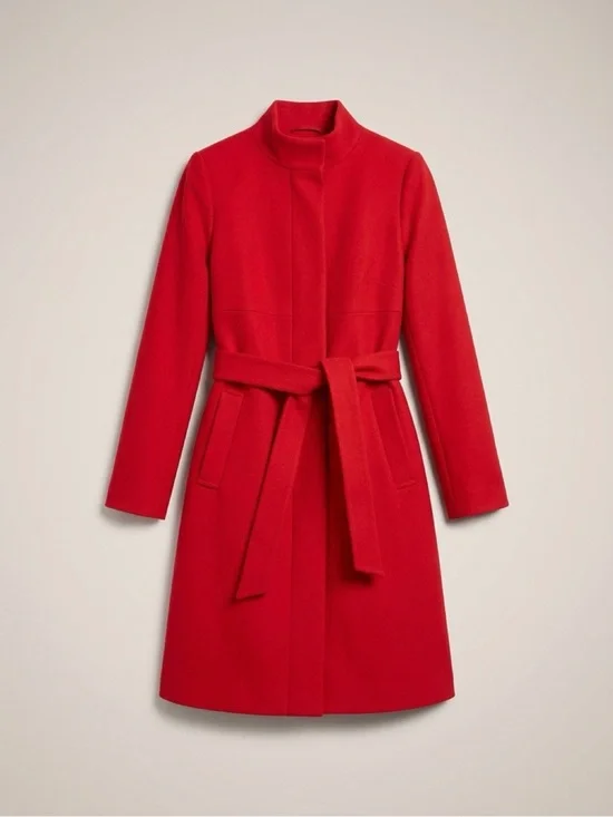 J Crew double cloth deep red Belted Coat with Stand Collar