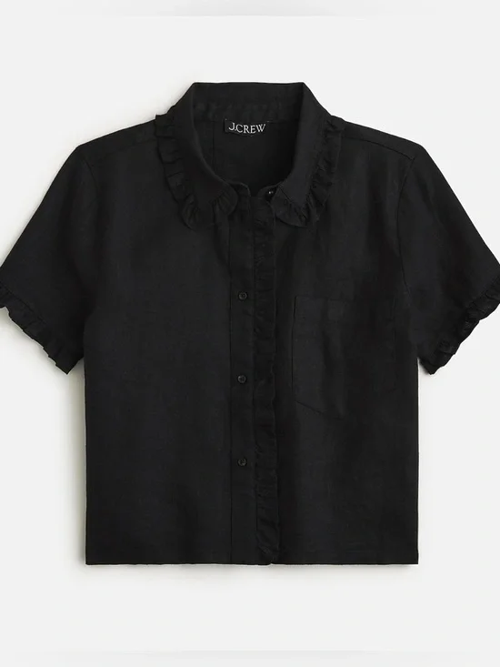 NWT J Crew Ruffle-trim button-up shirt in linen Black XS