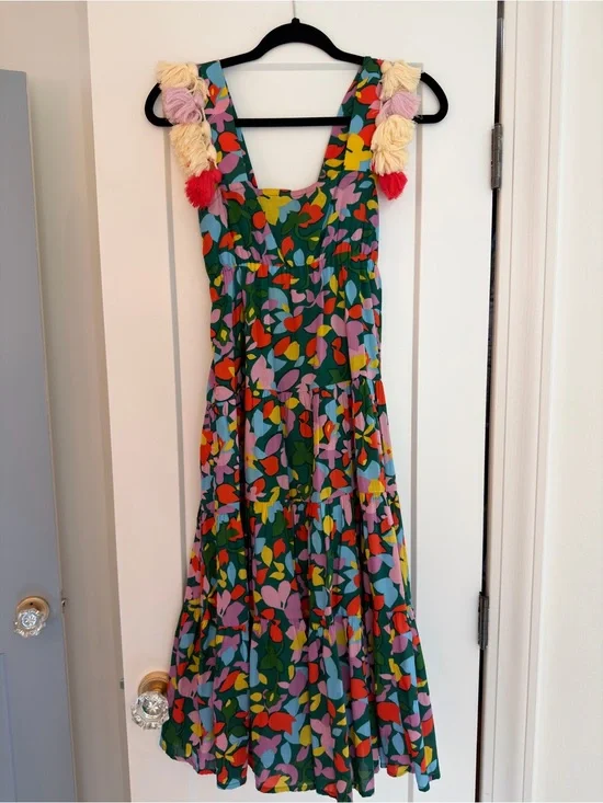 J. Crew Green Multicolor Floral Midi Dress with Pom-Pom Straps