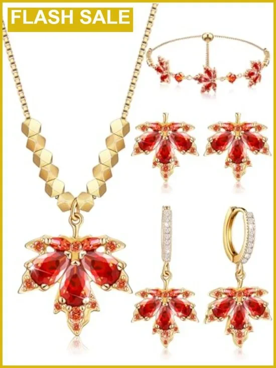 Maple Leaf Jewelry Set Stud Earrings Necklace Bracelet Fall Autumn Gift