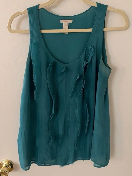J. Crew Teal Sleeveless Ruffle-Front Blouse