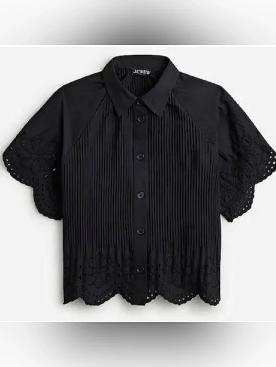 NWT J Crew Pleated eyelet-trim shirt in cotton poplin Black Small