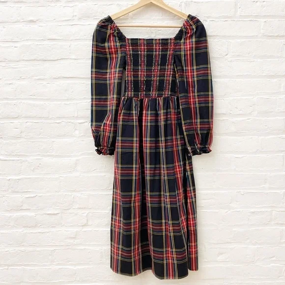 J. Crew‎ || Tartan Plaid Smocked Holiday Midi Dress Black XXS Petite