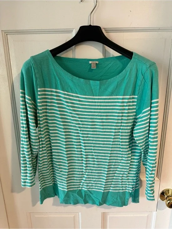 J. Crew Teal and White Striped Scoop Neck Long Sleeve Top