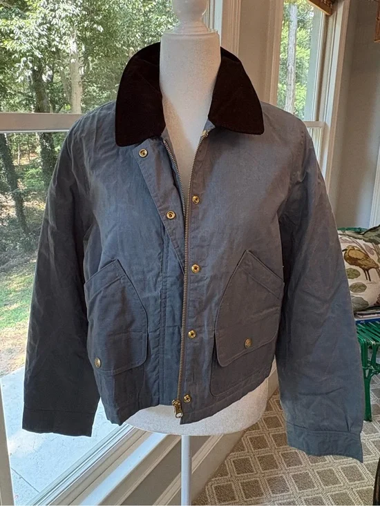 BNWT J. Crew Gray Down Quilted Barn Jacket with Dark Brown Corduroy Collar