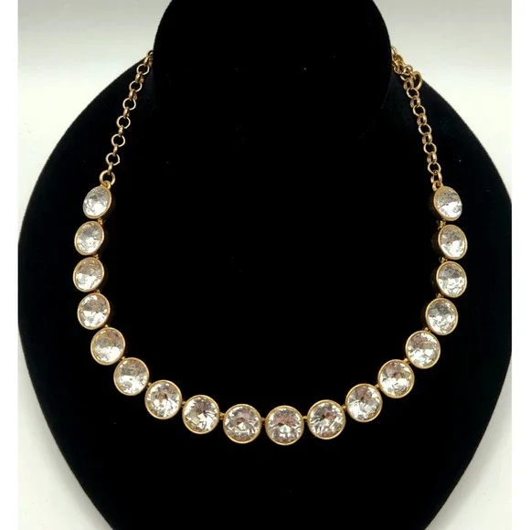 J Crew Gold Tone Clear Crystal Bezel Set Collar Necklace 18 Inch
