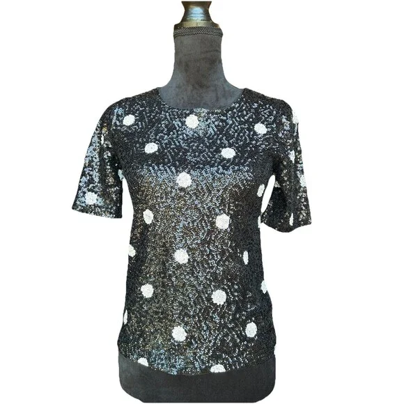 J.Crew Womens Size XS Black Sequin Polka Dot Top Short Sleeve Round Neck