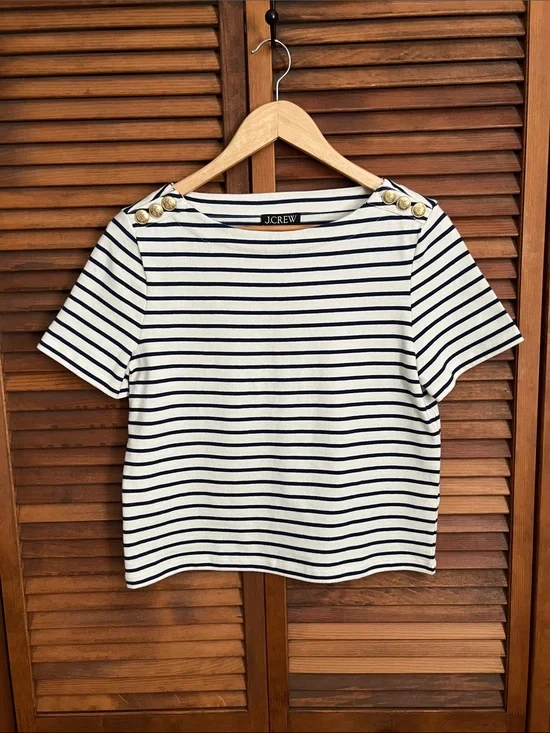 J. Crew White and Navy Striped Short Sleeve Boatneck Top with Gold Buttons