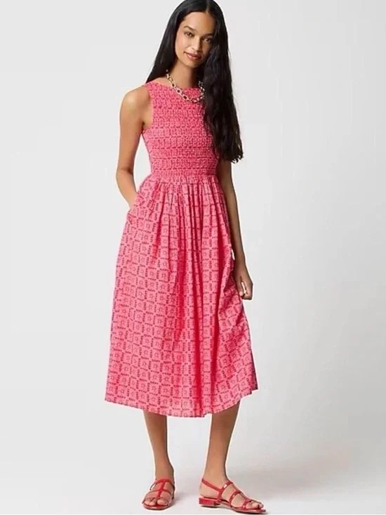 J. CREW Dress Smocked Boatneck Midi Cerise Lotus Bloom Pockets 100% Cotton XL