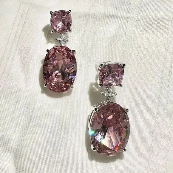 Super sparkly light pink cubic zirconia double oval dangle earrings with flower