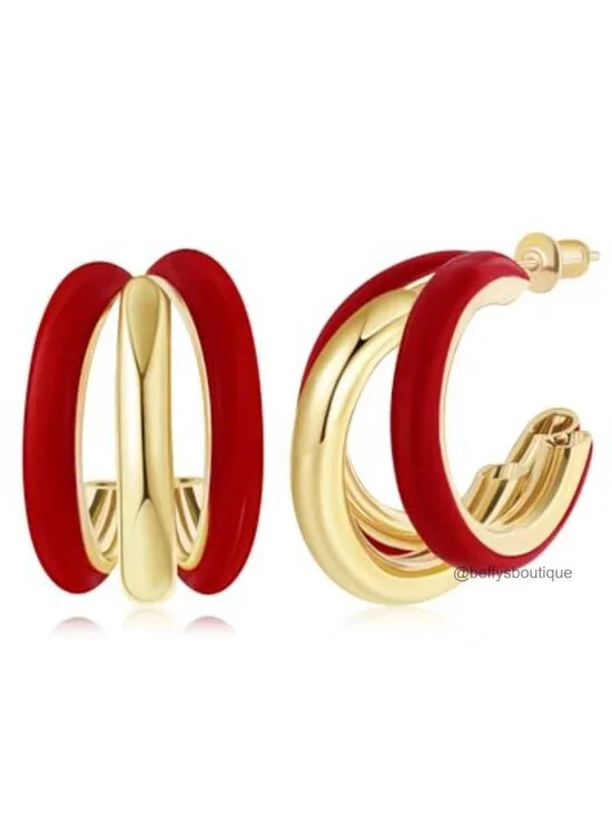 Chunky Triple Hoop Earrings Thick Three Open Hoop Brass Women