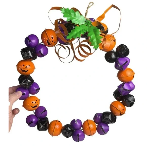 Pumpkin Metal Bell Halloween‎ Wreath Purple Orange Black Folk Art Handmade Decor