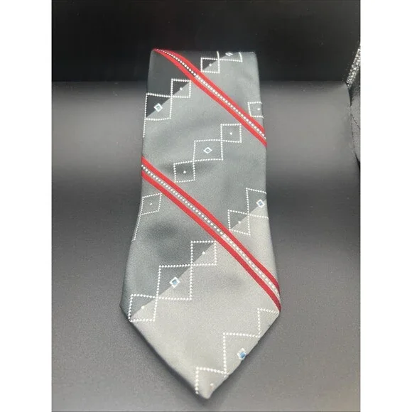 Wembley Geometric necktie. Woven. France. Gray, Black,Red, Blue